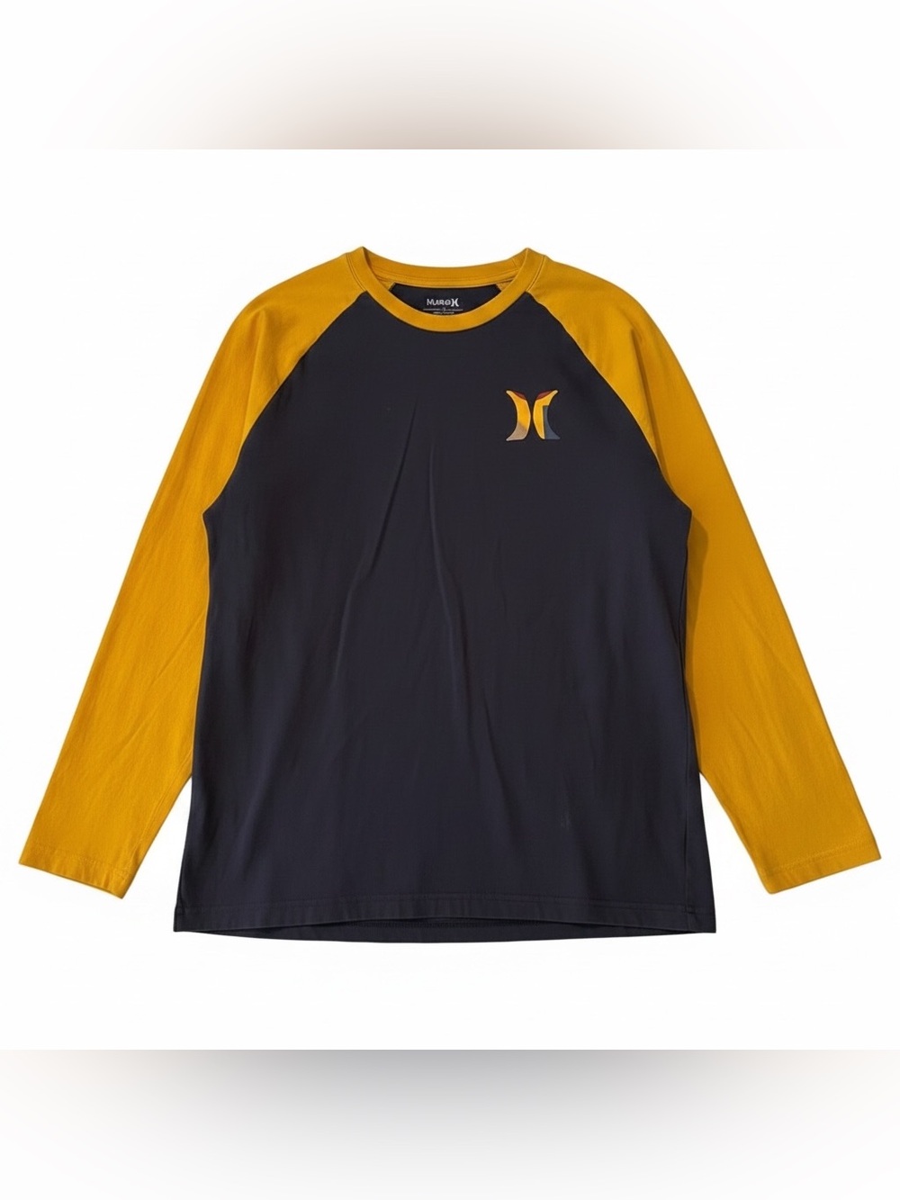 Hurley Branded Men’s long sleeve raglan tee in navy and mustard colors